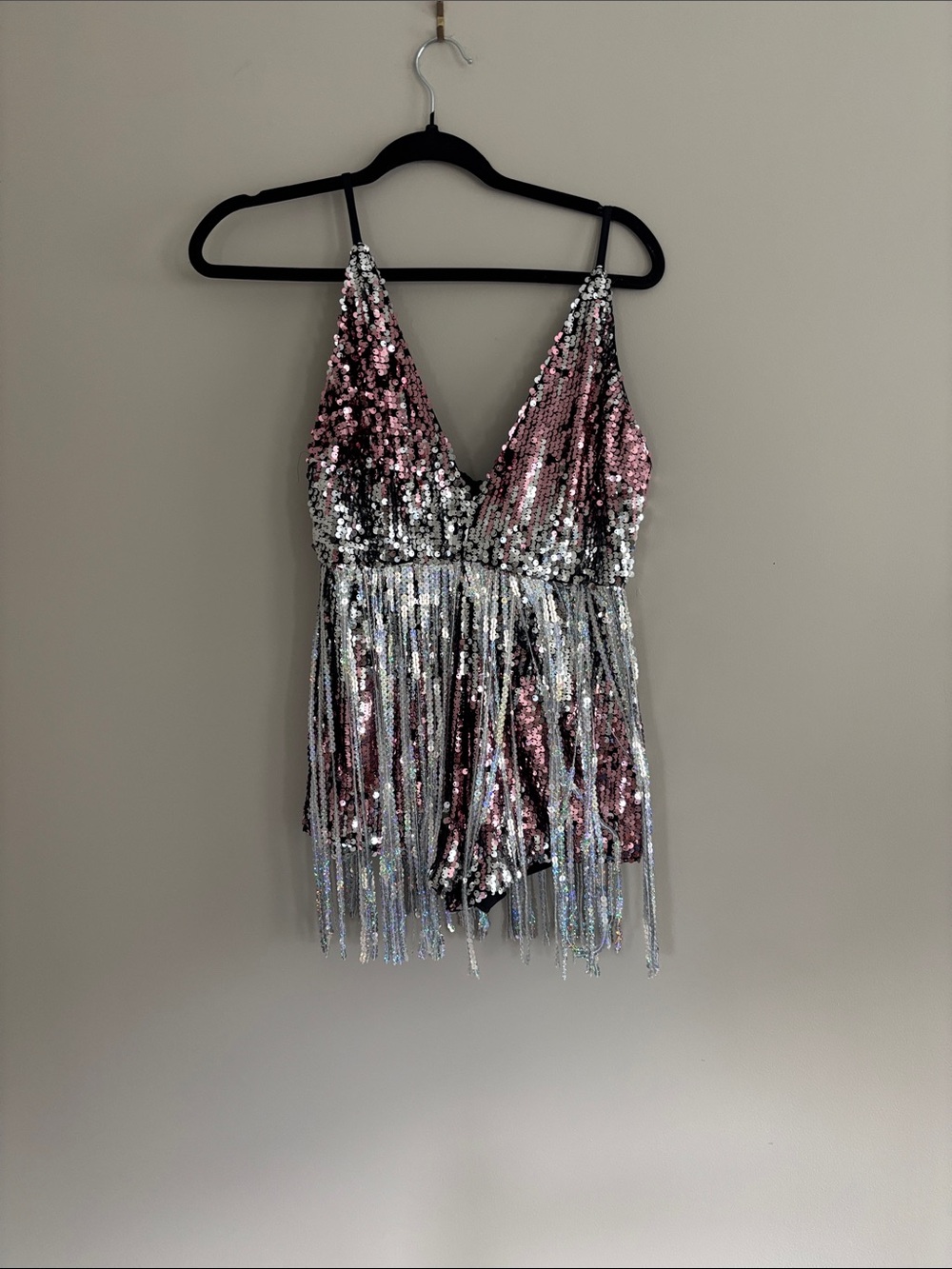 SHEIN Pink and Silver Sequin Fringe Romper